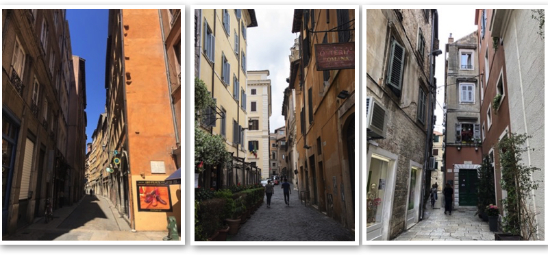 Alleyways in Lyon, Rome, and Split
